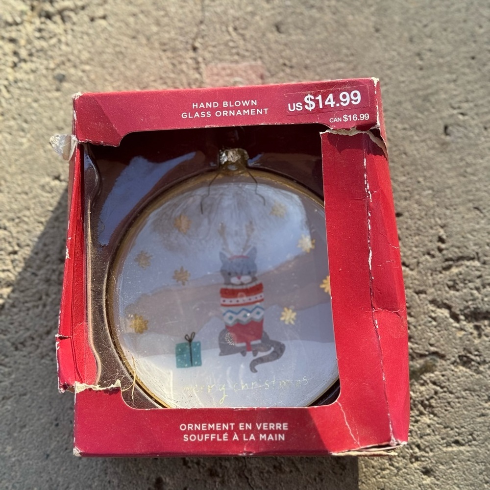 Hand Blown Glass Ornament - Festive Cat Design